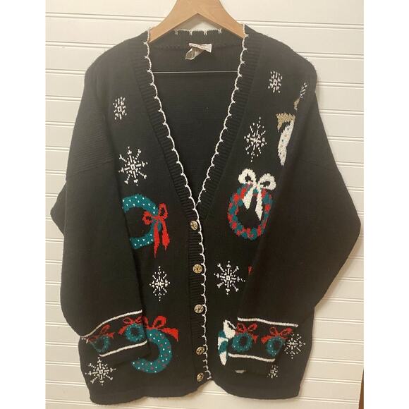 NUTCRACKER CHRISTMAS SWEATER OVERSIZED LARGE CARDIGAN BOWS WREATHS - Picture 1 of 6